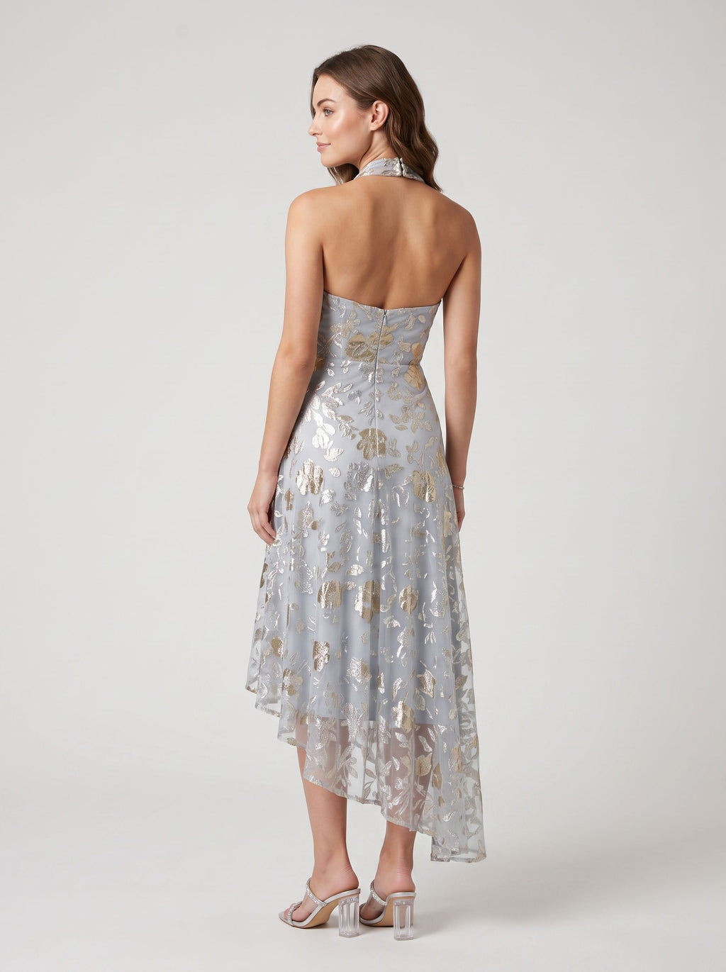 Dusty Blue Gold Organza A-line Halter Zipper Back High-Low Dress Back View - Jimiss