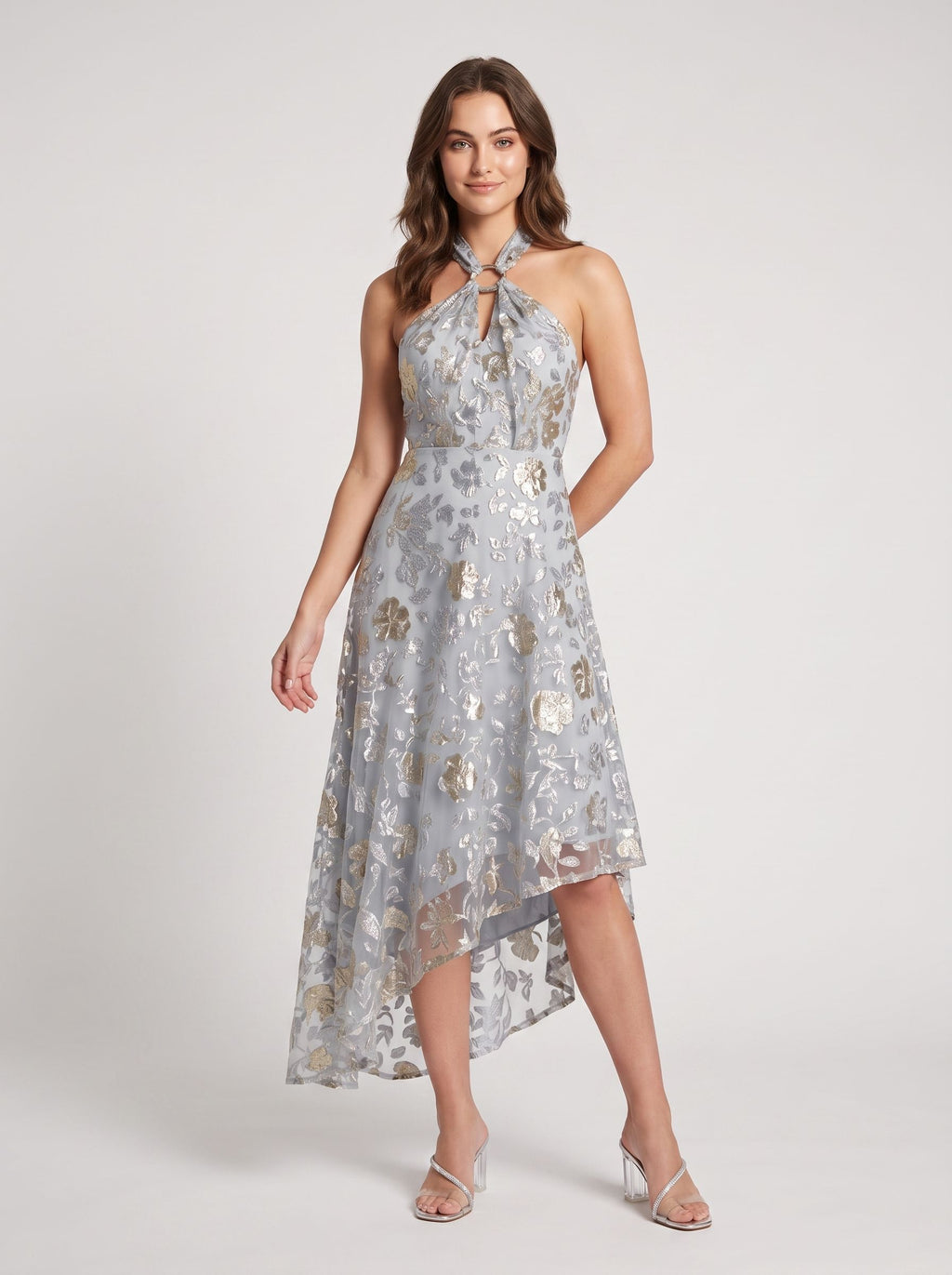 Dusty Blue Gold Organza A-line Halter Zipper Back High-Low Dress Front View - Jimiss