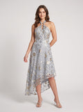 Dusty Blue Gold Organza A-line Halter Zipper Back High-Low Dress Front View - Jimiss