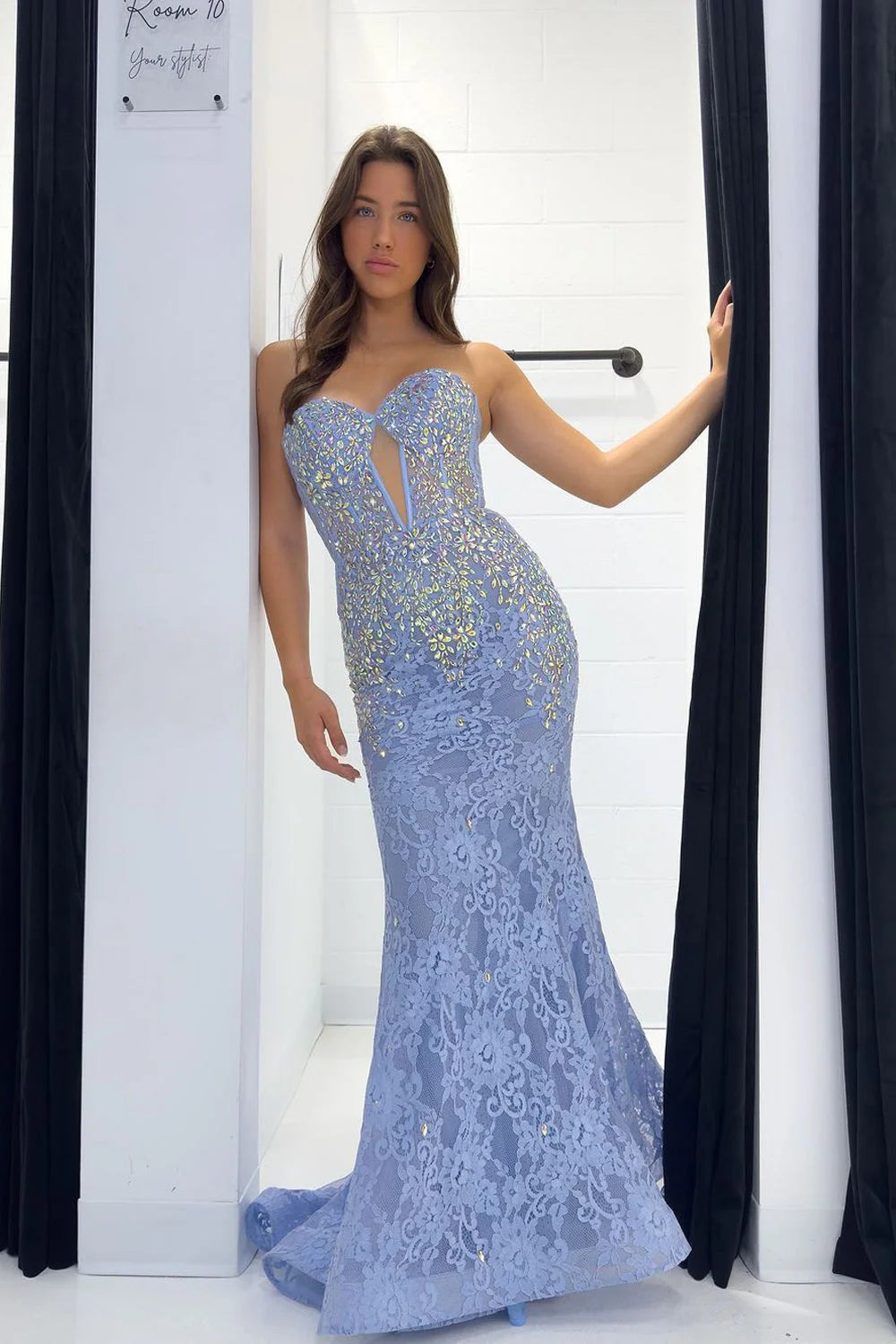 Dusty Blue Lace Mermaid Sweetheart Back Zip Floor-Length Dress - Jimiss