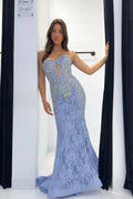 Dusty Blue Lace Mermaid Sweetheart Back Zip Floor-Length Dress - Jimiss