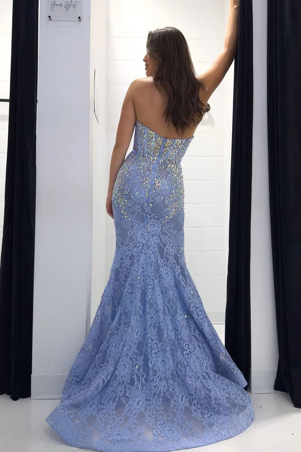 Dusty Blue Lace Mermaid Sweetheart Back Zip Floor-Length Dress - Jimiss