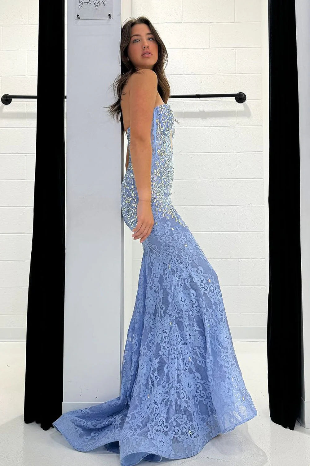 Dusty Blue Lace Mermaid Sweetheart Back Zip Floor-Length Dress - Jimiss