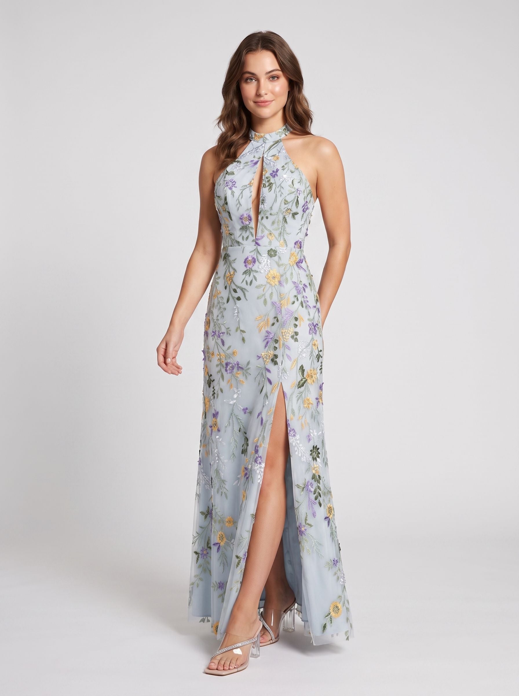 Dusty Blue Mesh A-Line Halter Open Back Floor Length Dress Front View - Jimiss