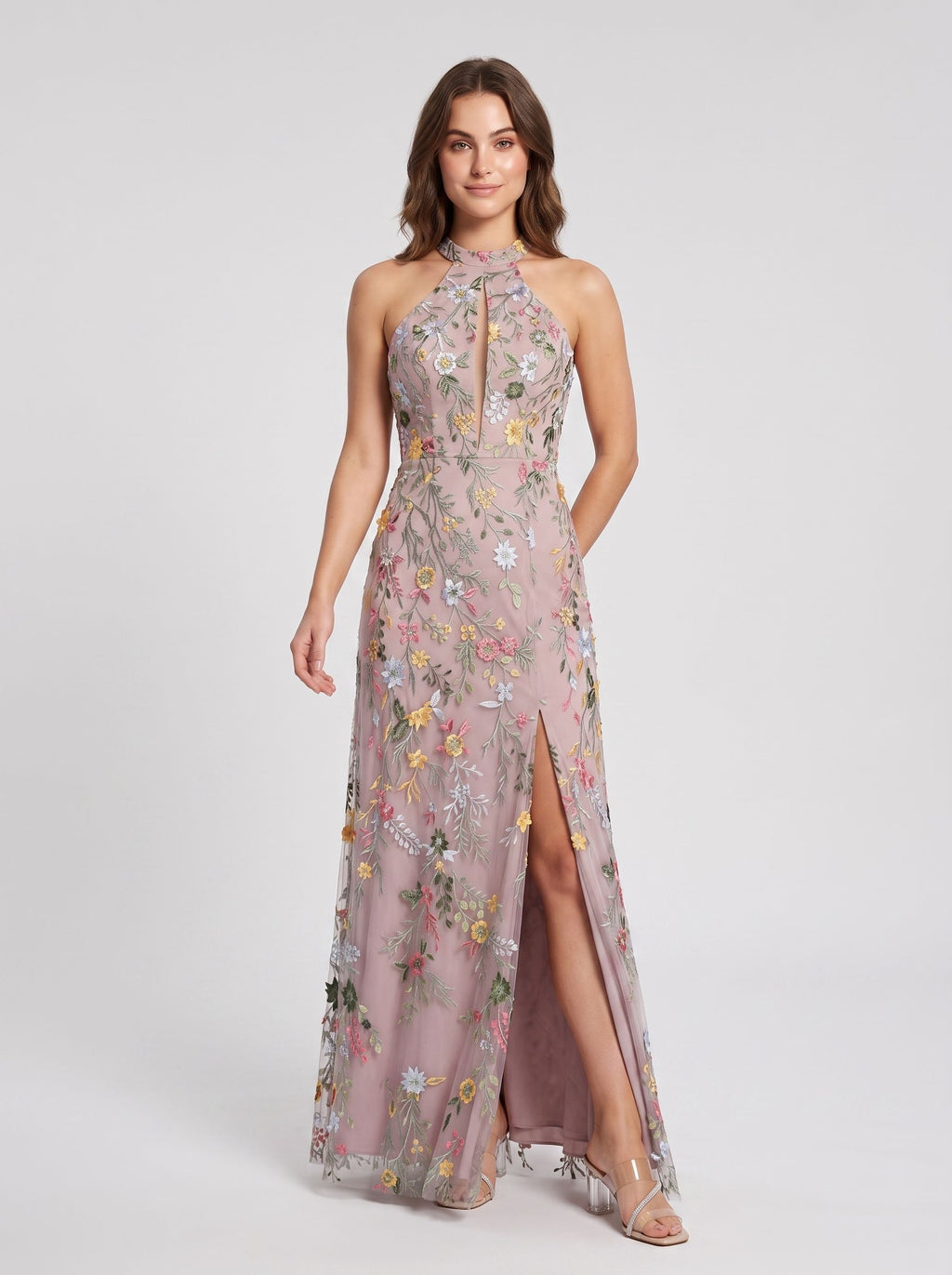 Dusty Blue Mesh A-Line Halter Open Back Floor Length Dress Front View - Jimiss