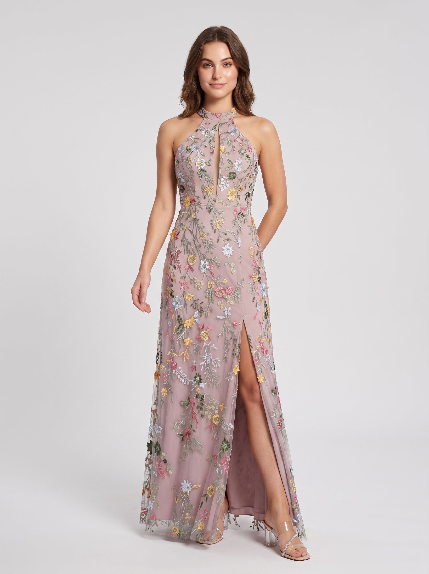 Dusty Blue Mesh A-Line Halter Open Back Floor Length Dress Front View - Jimiss