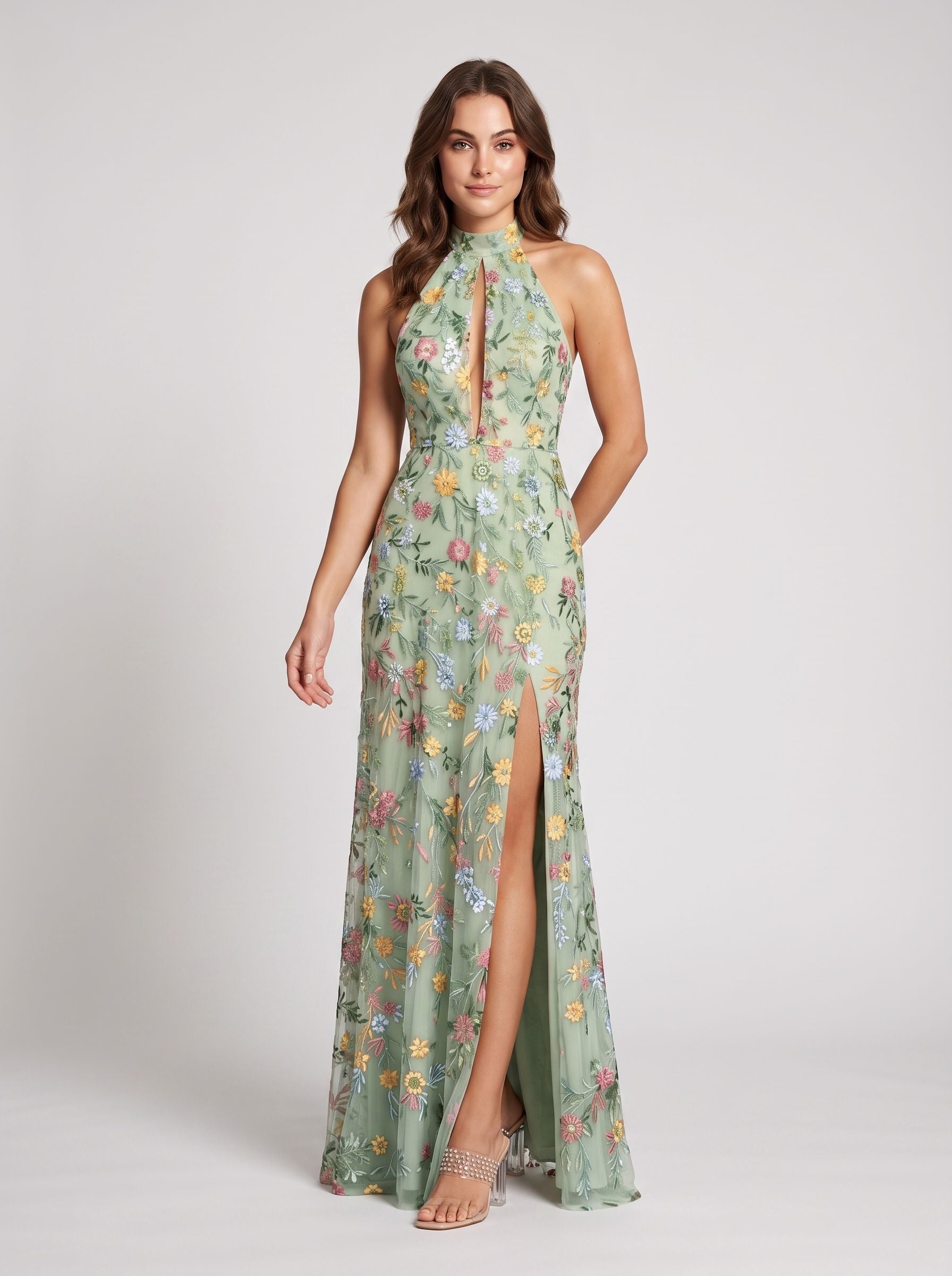 Dusty Blue Mesh A-Line Halter Open Back Floor Length Dress Front View - Jimiss