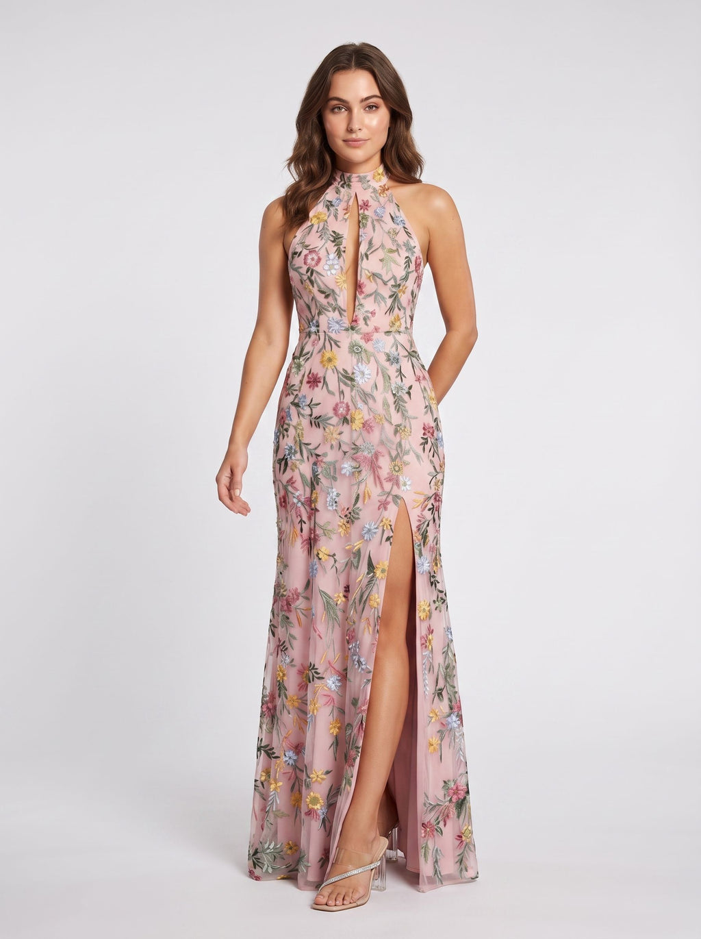 Dusty Blue Mesh A-Line Halter Open Back Floor Length Dress Front View - Jimiss