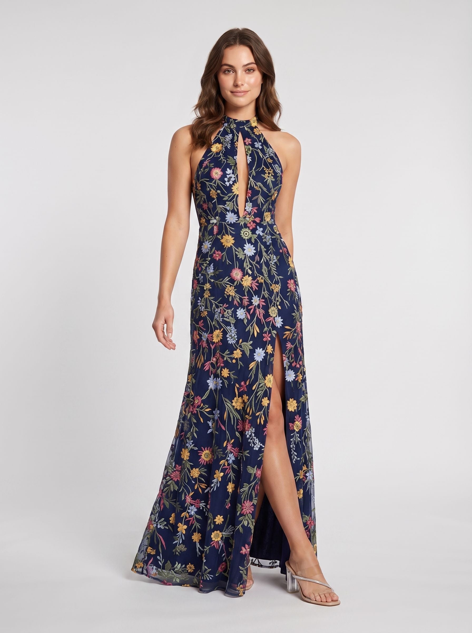 Dusty Blue Mesh A-Line Halter Open Back Floor Length Dress Front View - Jimiss