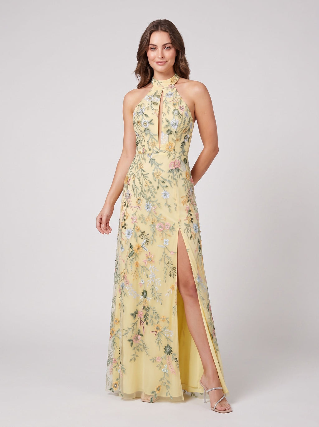 Dusty Blue Mesh A-Line Halter Open Back Floor Length Dress Front View - Jimiss