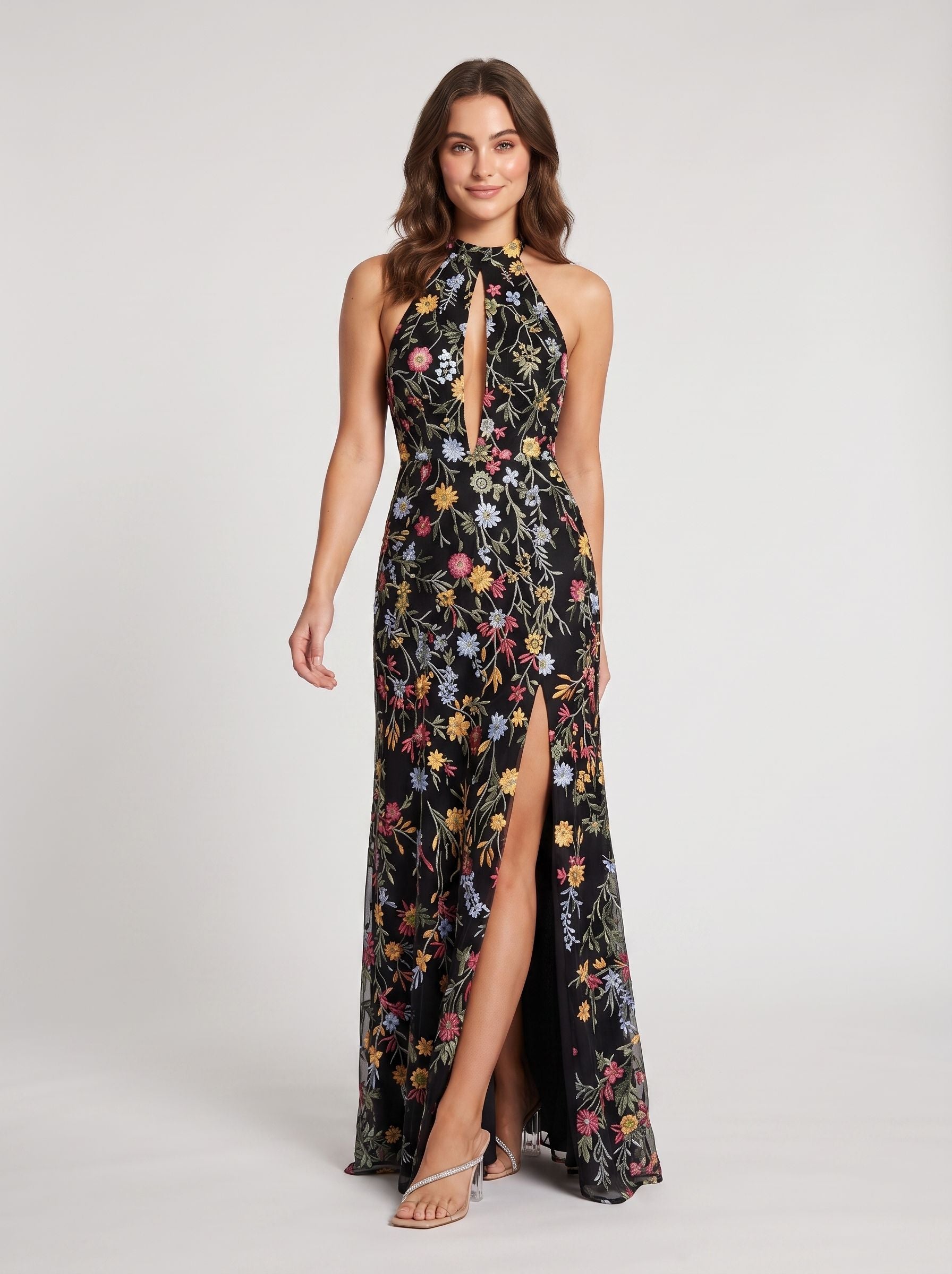Dusty Blue Mesh A-Line Halter Open Back Floor Length Dress Front View - Jimiss