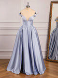 Dusty Blue Satin A-Line Off-the-Shoulder Lace-up Floor-Length Dress - Jimiss