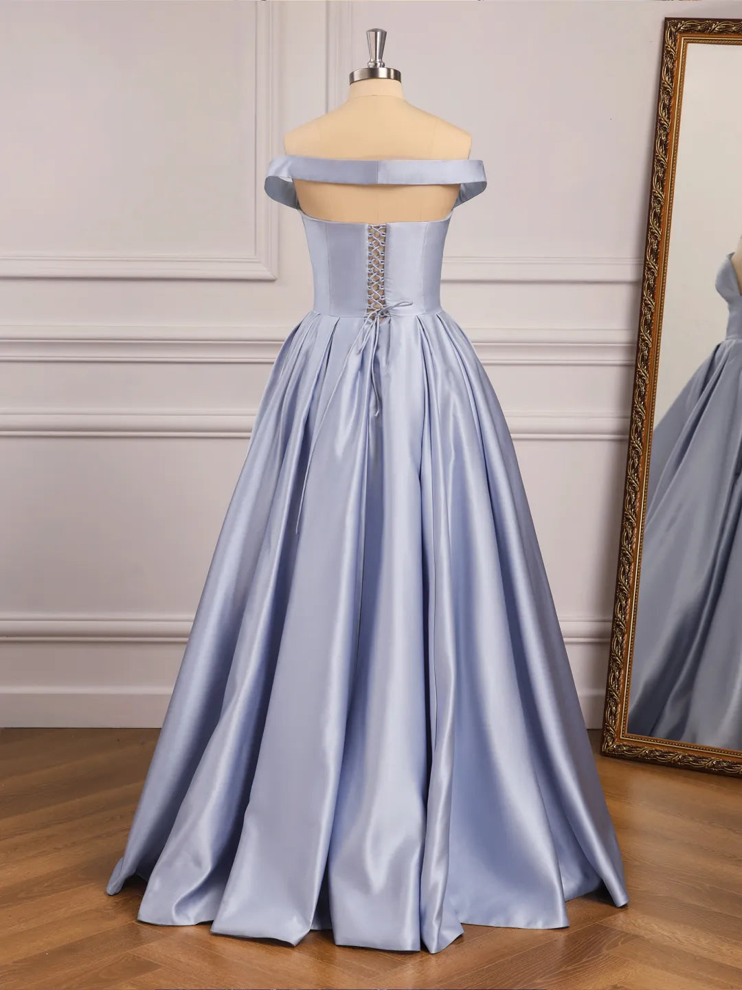 Dusty Blue Satin A-Line Off-the-Shoulder Lace-up Floor-Length Dress - Jimiss