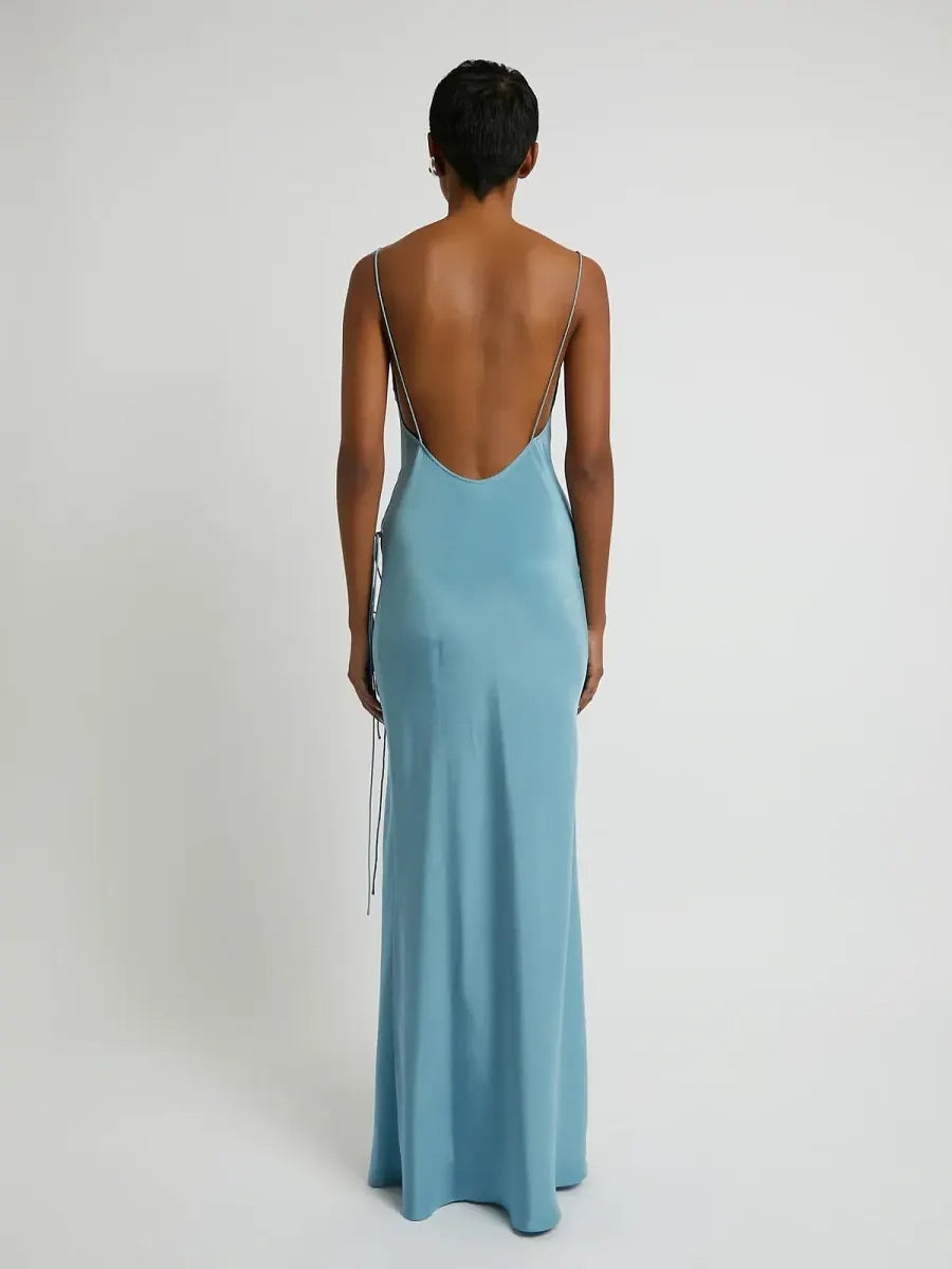 Dusty Blue Satin sheath-column plunging-v-neck open-back floor-length Dress Back View - Jimiss