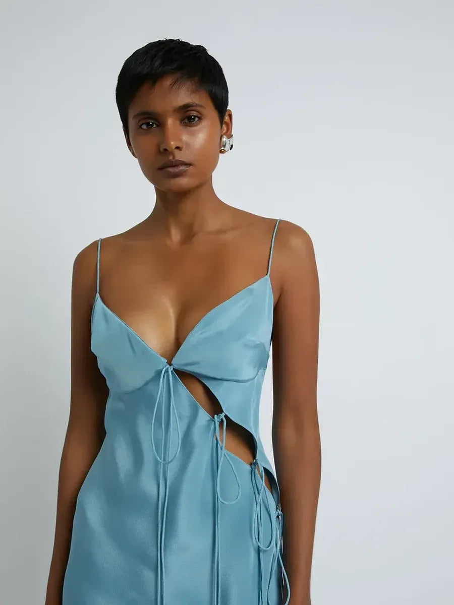 Dusty Blue Satin sheath-column plunging-v-neck open-back floor-length Dress Detail - Jimiss