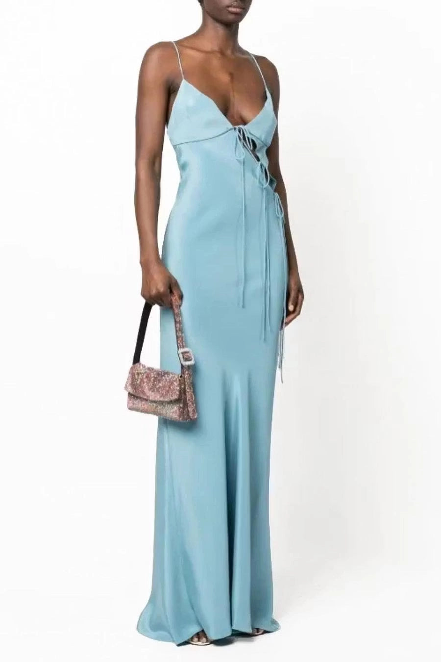 Dusty Blue Satin sheath-column plunging-v-neck open-back floor-length Dress Front View - Jimiss