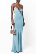 Dusty Blue Satin sheath-column plunging-v-neck open-back floor-length Dress Front View - Jimiss