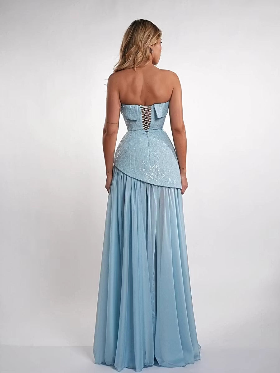 Dusty Blue Sequin Chiffon A-Line Straight Neck Lace-Up Floor-Length Dress Back View - Jimiss