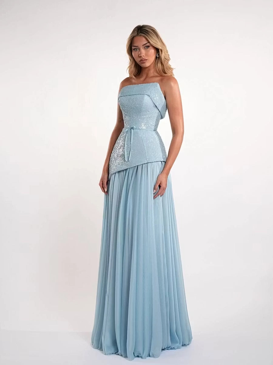 Dusty Blue Sequin Chiffon A-Line Straight Neck Lace-Up Floor-Length Dress Detail - Jimiss