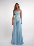 Dusty Blue Sequin Chiffon A-Line Straight Neck Lace-Up Floor-Length Dress Front View - Jimiss
