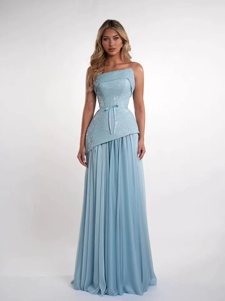 Dusty Blue Sequin Chiffon A-Line Straight Neck Lace-Up Floor-Length Dress Front View - Jimiss