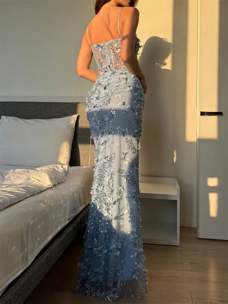 Dusty Blue Sequin Mesh Sheath Column Sweetheart Low Back Floor-Length Dress Back View - Jimiss