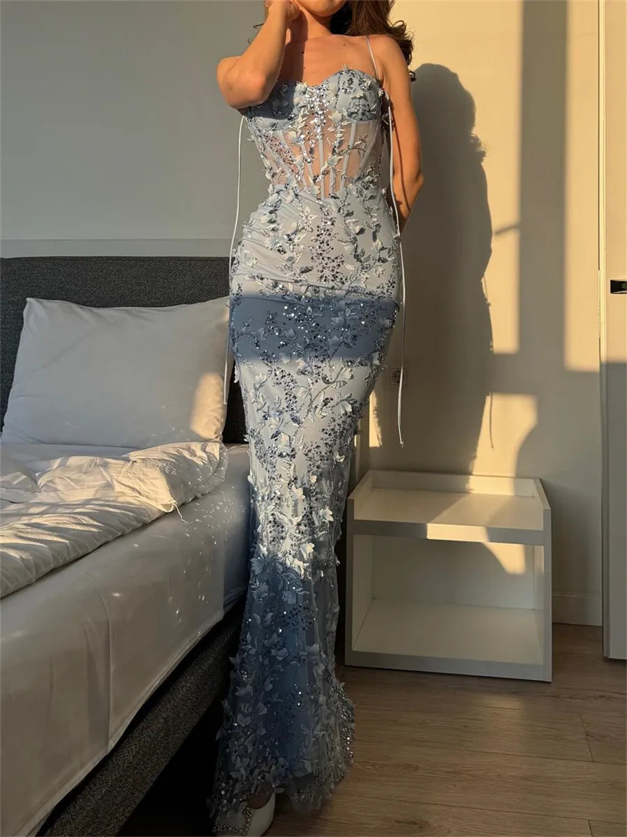Dusty Blue Sequin Mesh Sheath Column Sweetheart Low Back Floor-Length Dress - Jimiss