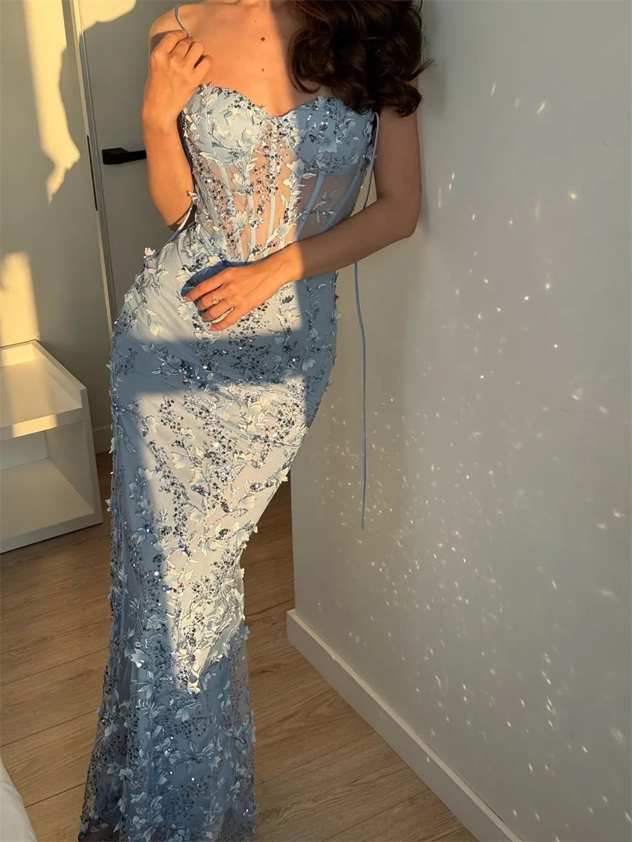 Dusty Blue Sequin Mesh Sheath Column Sweetheart Low Back Floor-Length Dress - Jimiss