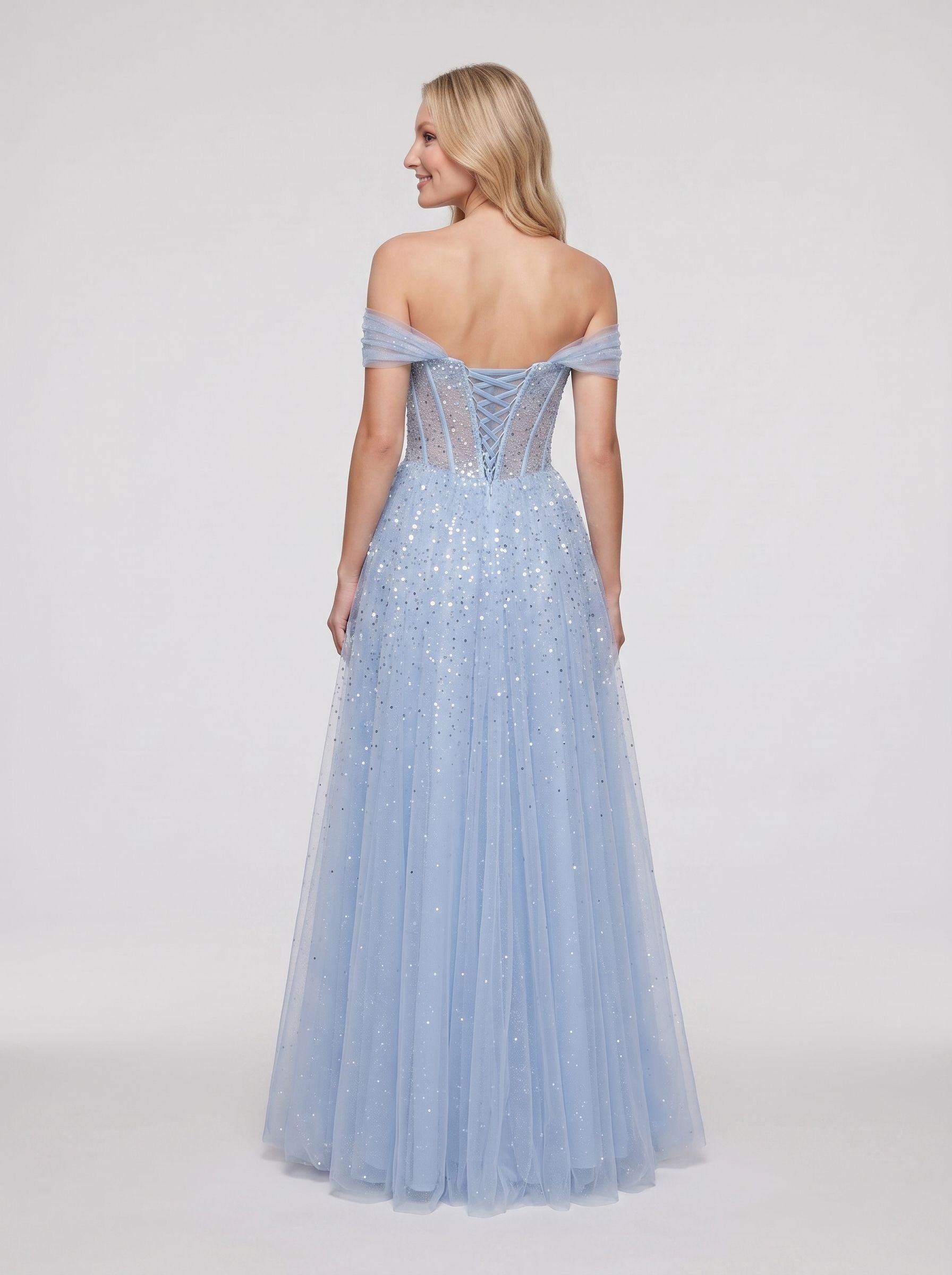 Dusty Blue Sequin Tulle A-Line Sweetheart Lace-up Back Floor-Length Dress Back View - Jimiss