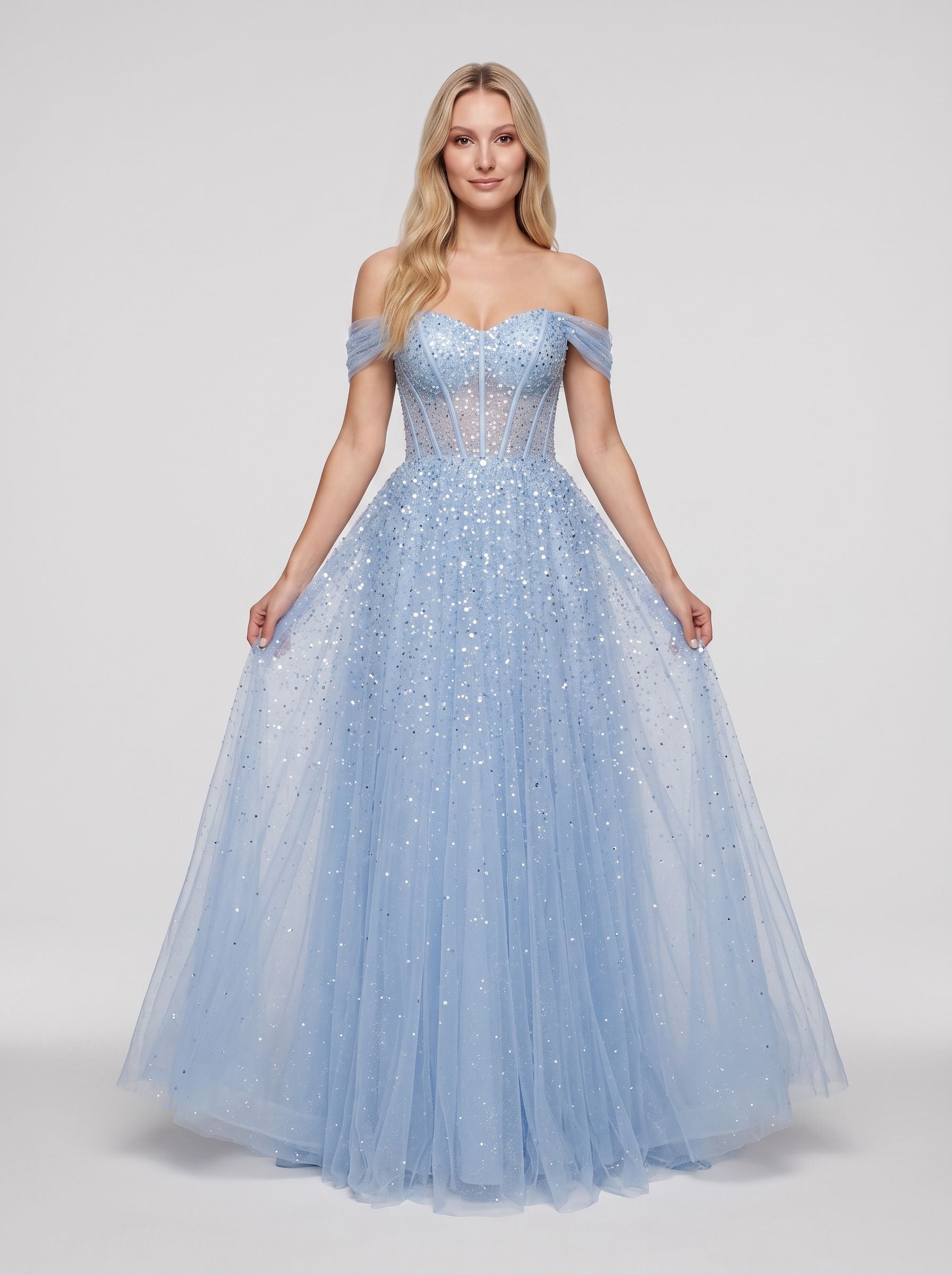 Dusty Blue Sequin Tulle A-Line Sweetheart Lace-up Back Floor-Length Dress Front View - Jimiss