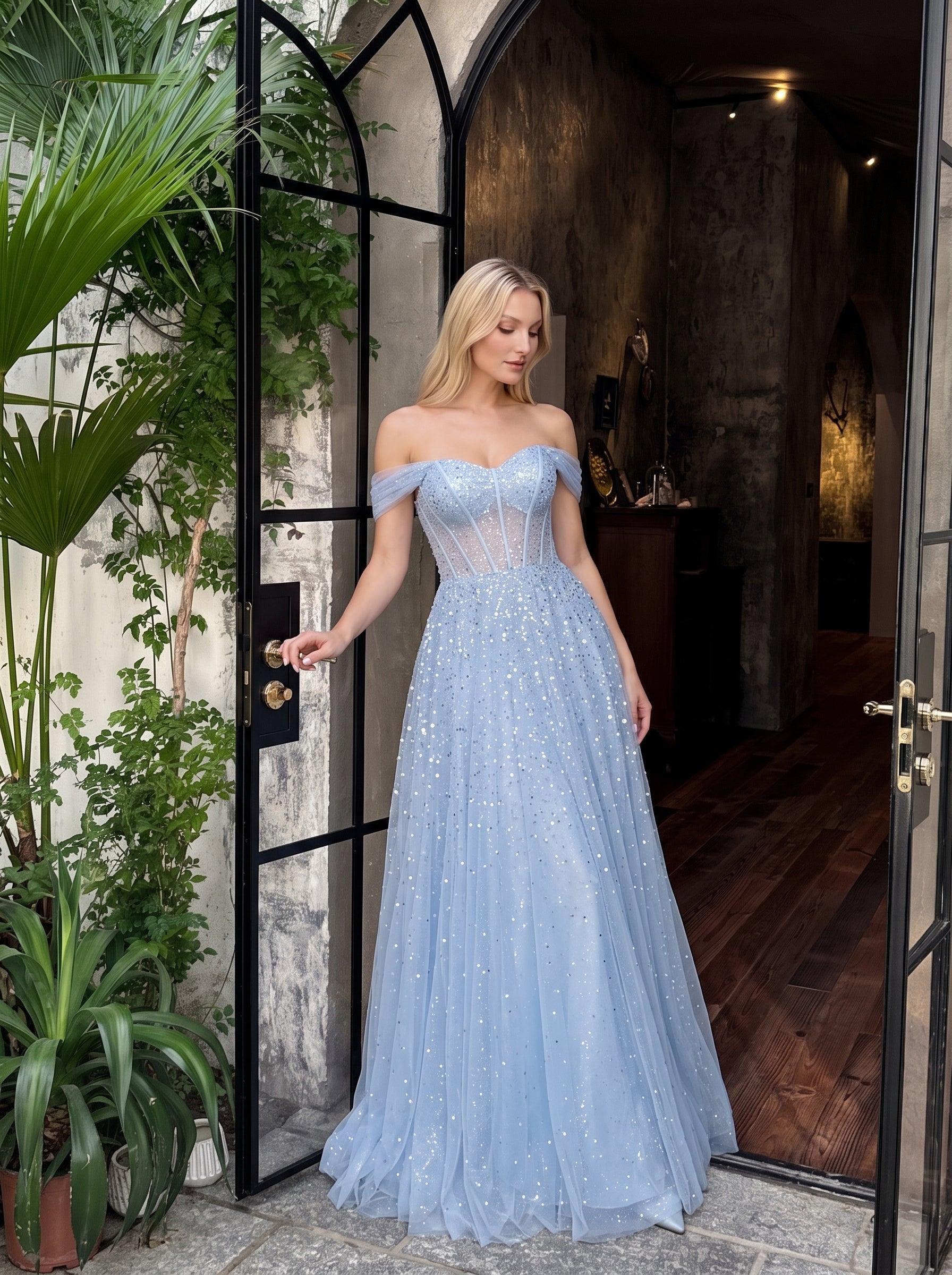 Dusty Blue Sequin Tulle A-Line Sweetheart Lace-up Back Floor-Length Dress - Jimiss