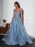 Dusty Blue Tulle A-Line V-Neck Criss-Cross Straps Floor-Length Dress - Jimiss
