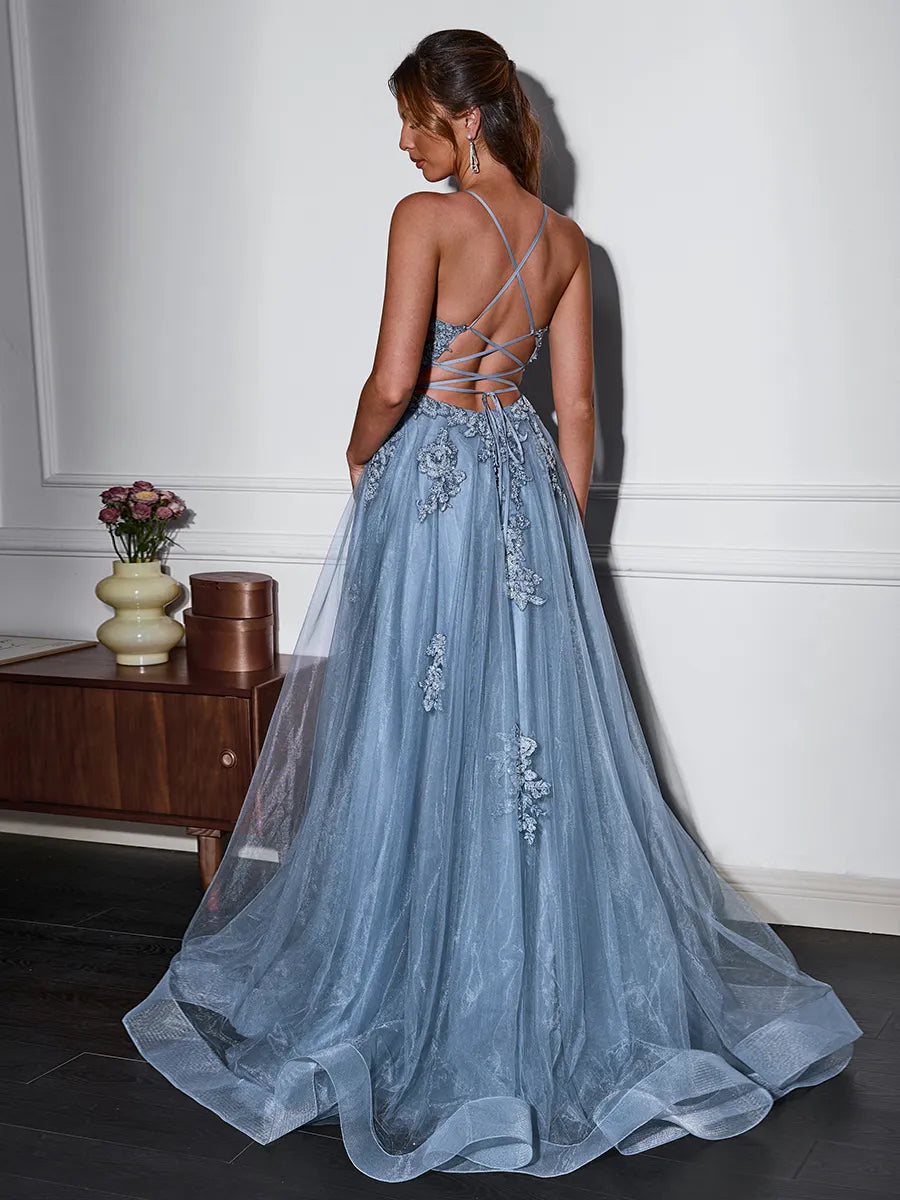 Dusty Blue Tulle A-Line V-Neck Criss-Cross Straps Floor-Length Dress - Jimiss