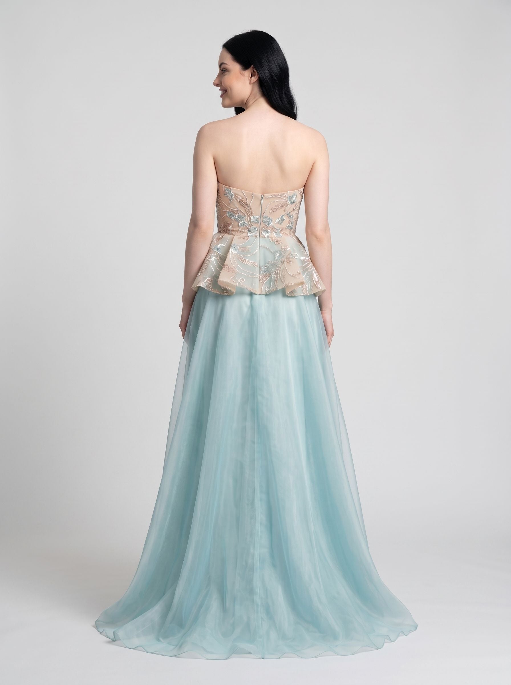 Dusty Blue Tulle and Embroidered Mesh A-Line Strapless Floor Length Dress Back View - Jimiss