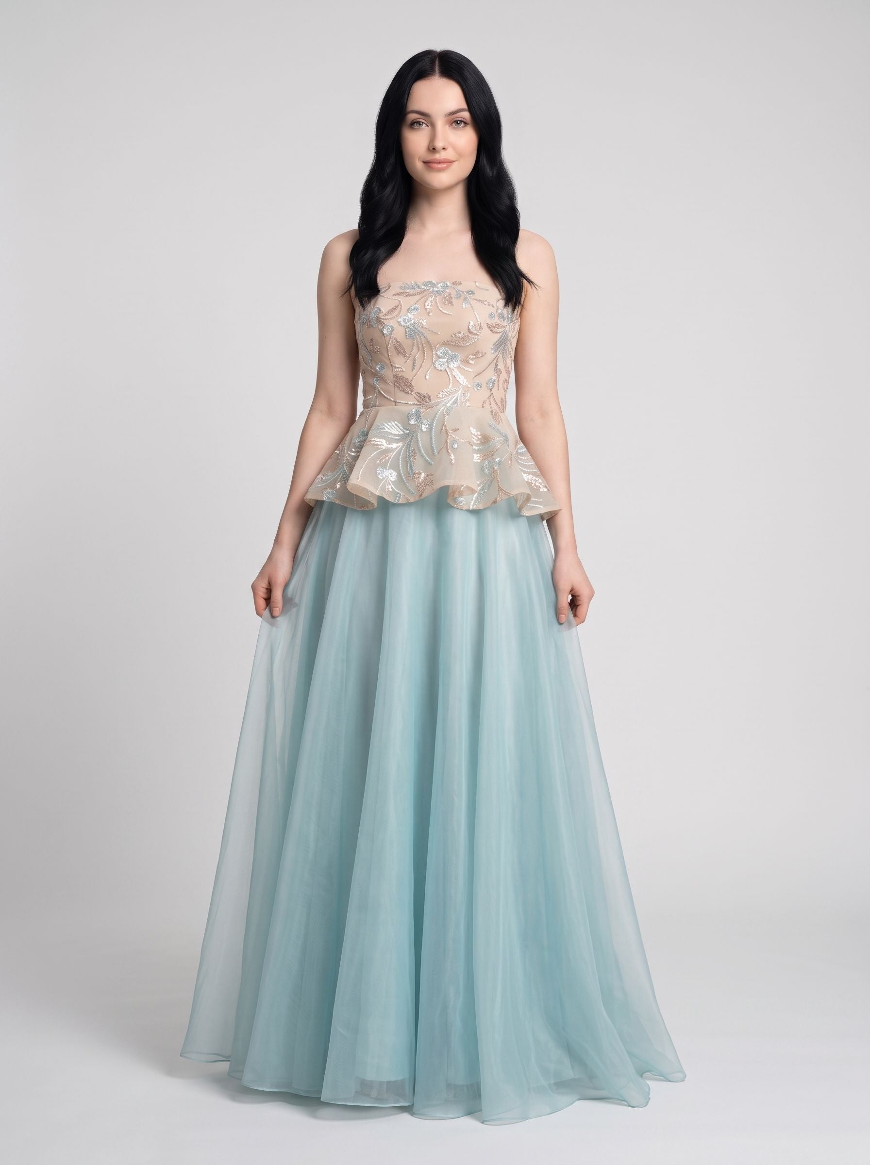 Dusty Blue Tulle and Embroidered Mesh A-Line Strapless Floor Length Dress Front View - Jimiss