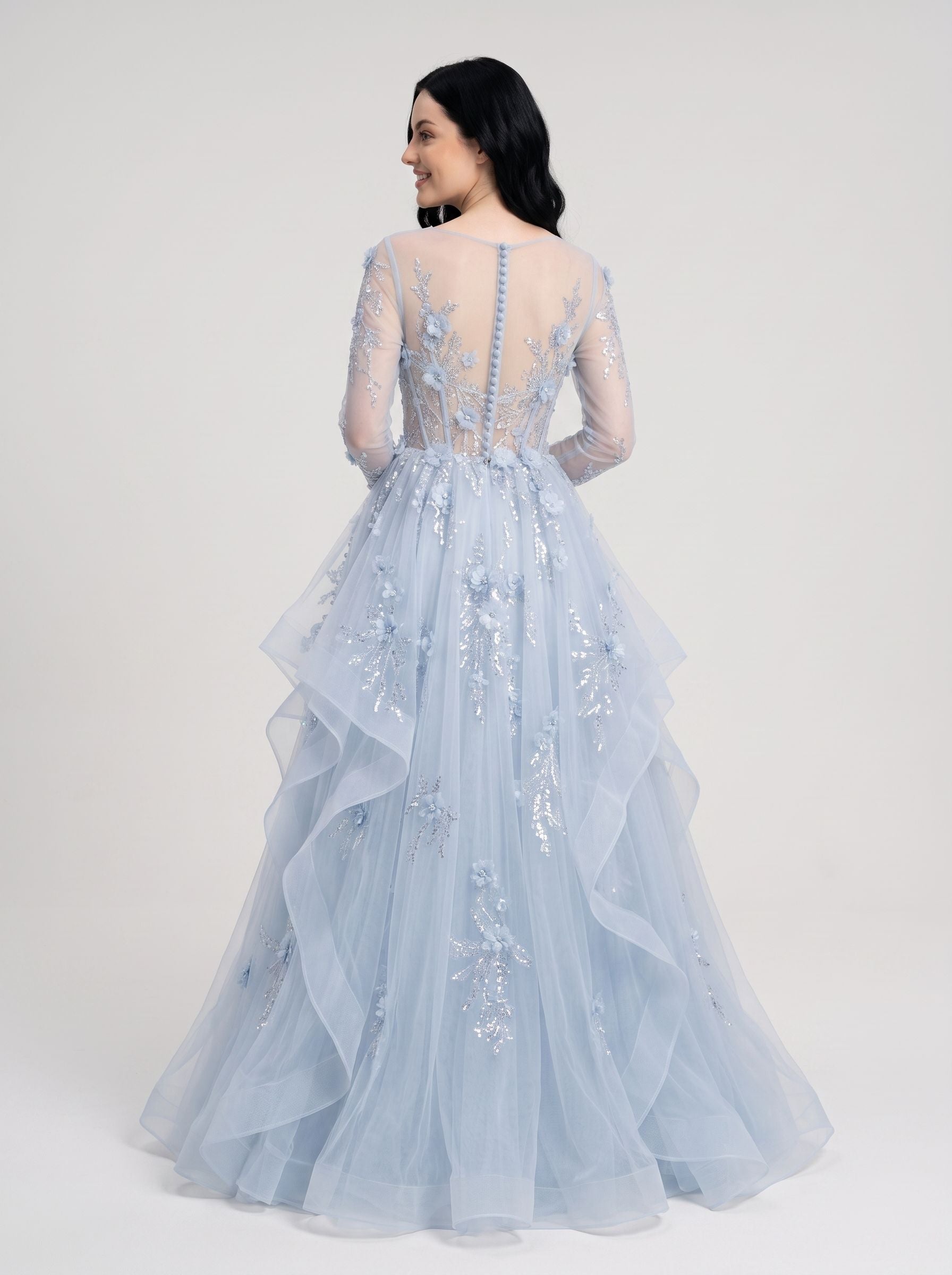 Dusty Blue Tulle and Mesh A-Line Plunging V-Neck Floor-Length Dress Back View - Jimiss