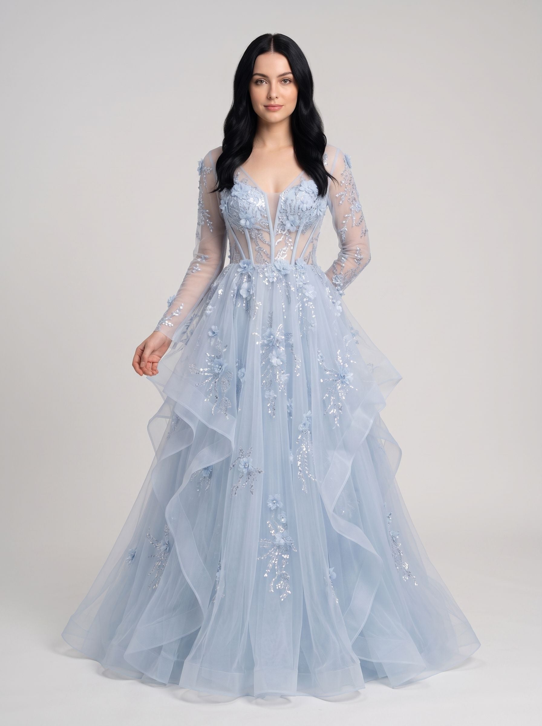 Dusty Blue Tulle and Mesh A-Line Plunging V-Neck Floor-Length Dress Front View - Jimiss