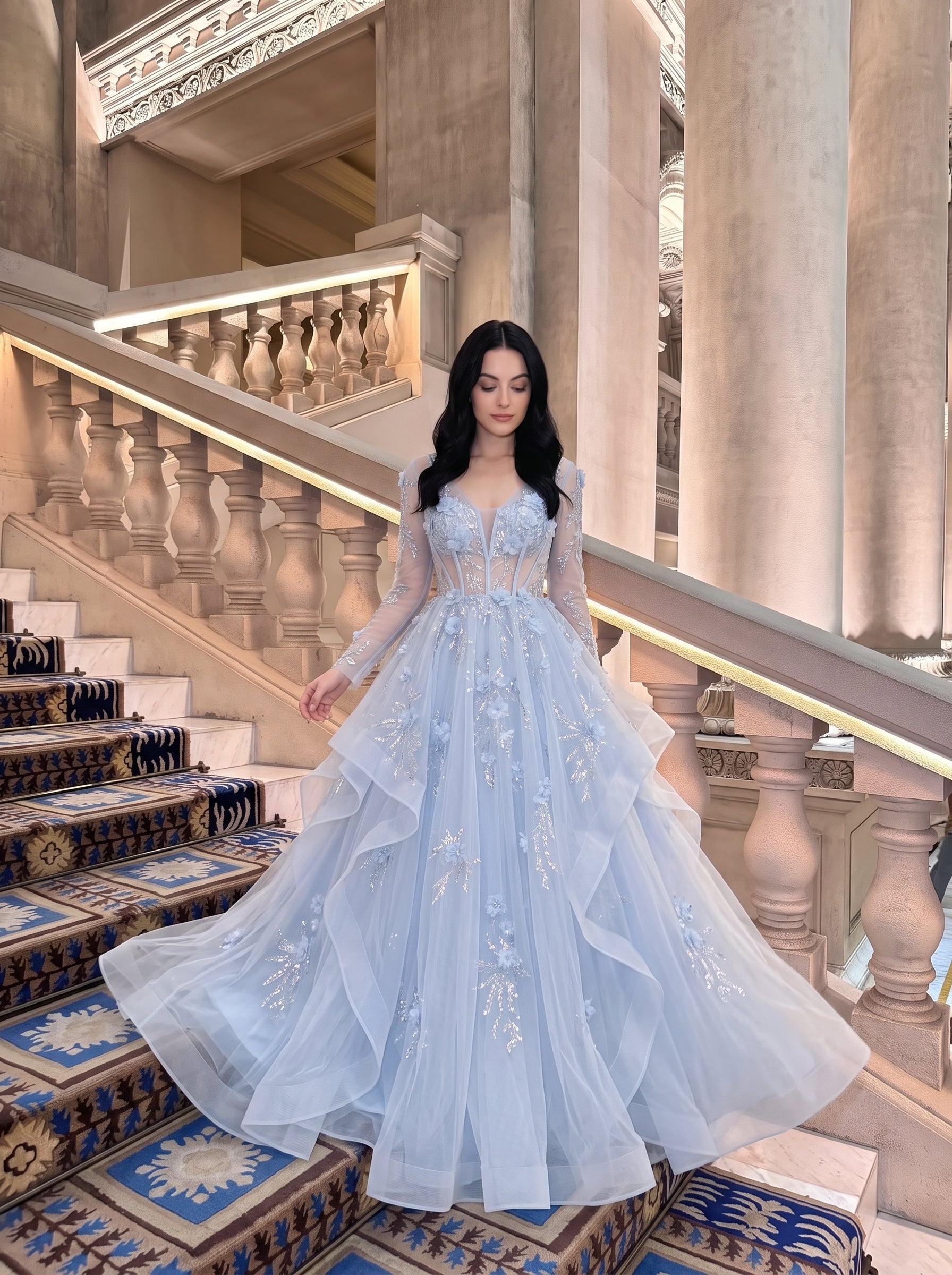 Dusty Blue Tulle and Mesh A-Line Plunging V-Neck Floor-Length Dress - Jimiss