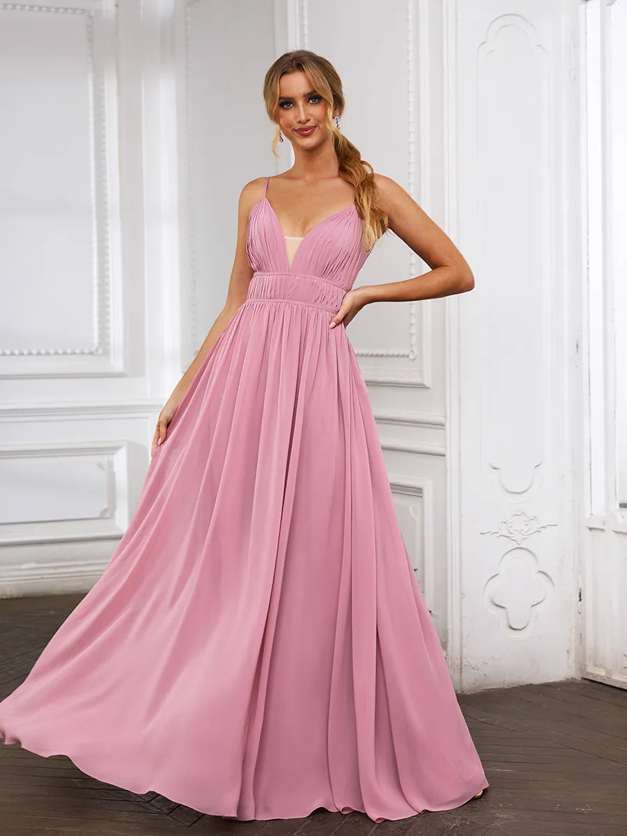 Dusty Rose Chiffon a-line plunging-v-neck v-back floor-length Dress - Jimiss