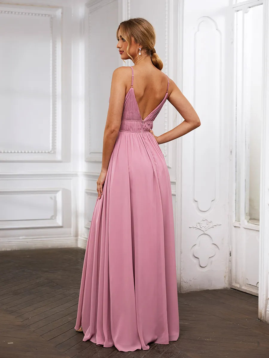 Dusty Rose Chiffon a-line plunging-v-neck v-back floor-length Dress - Jimiss