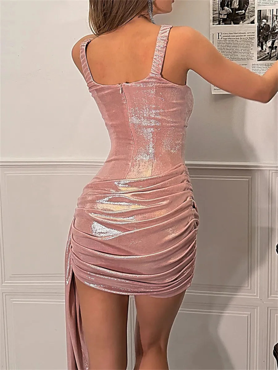 Dusty Rose Glitter Fabric bodycon scoop-neck scoop-back mini Dress - Jimiss