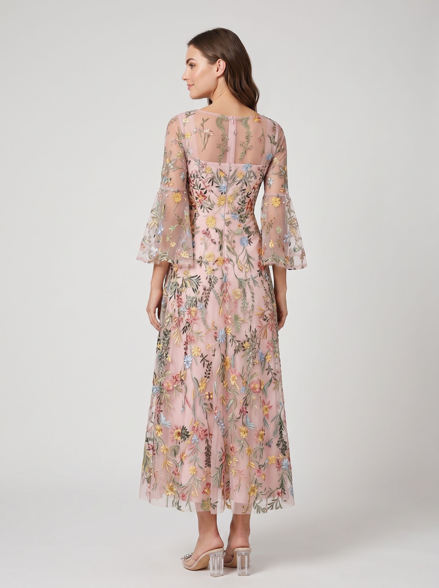 Dusty Rose Mesh A-Line Square Neck Zipper Back Midi Dress Back View - Jimiss