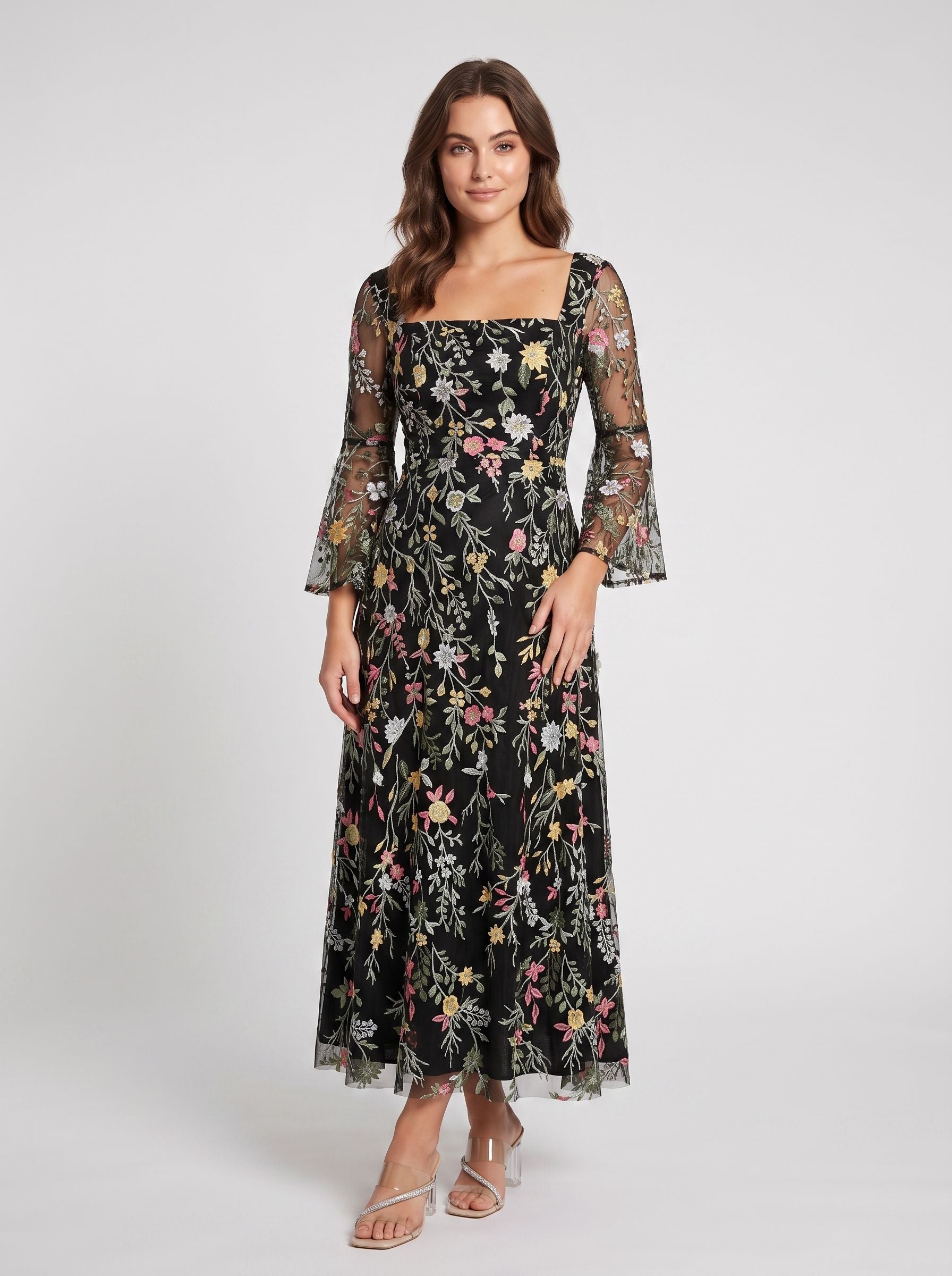 Dusty Rose Mesh A-Line Square Neck Zipper Back Midi Dress - Jimiss