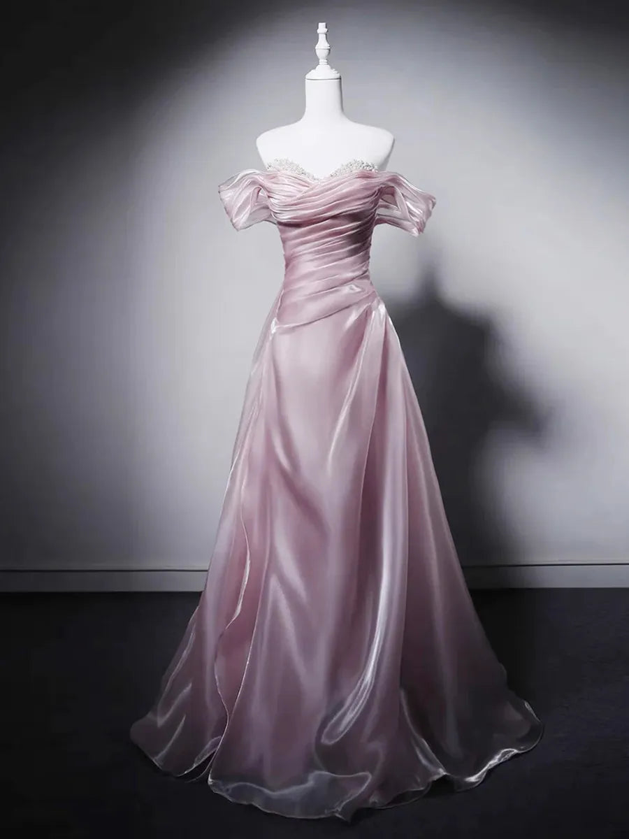Dusty Rose Organza A-Line Off-the-Shoulder Lace-Up Back Floor-Length Dress - Jimiss