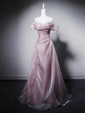 Dusty Rose Organza A-Line Off-the-Shoulder Lace-Up Back Floor-Length Dress - Jimiss