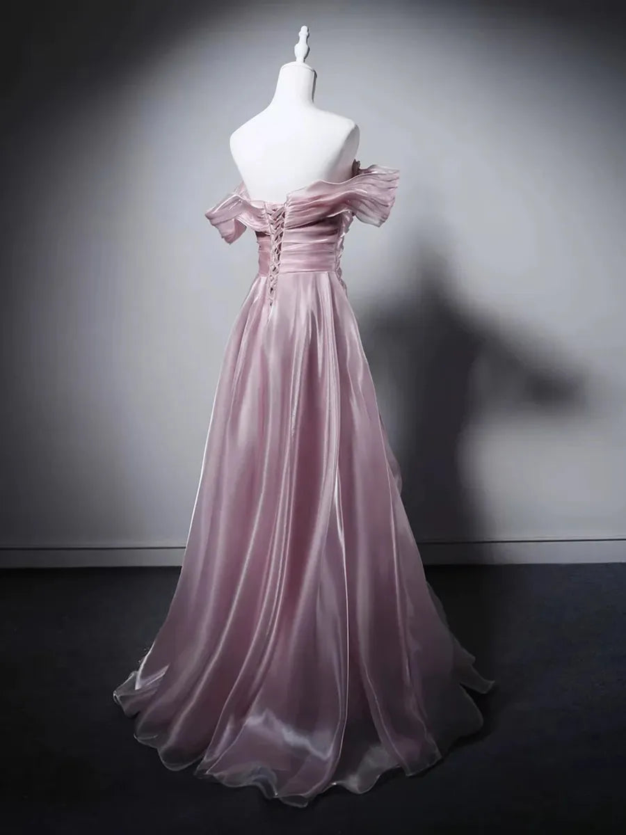 Dusty Rose Organza A-Line Off-the-Shoulder Lace-Up Back Floor-Length Dress - Jimiss