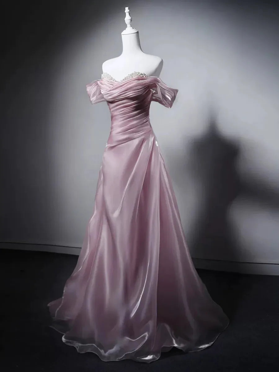 Dusty Rose Organza A-Line Off-the-Shoulder Lace-Up Back Floor-Length Dress - Jimiss