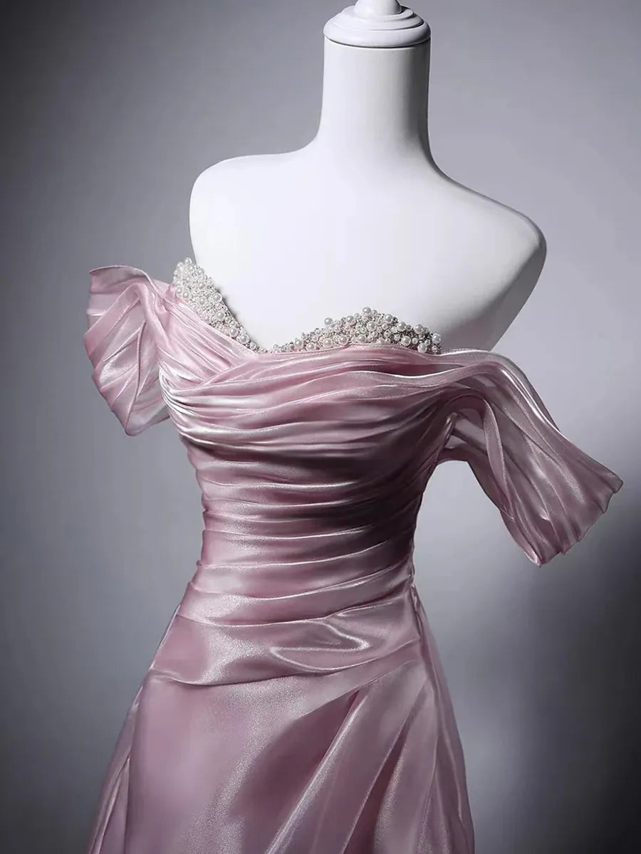 Dusty Rose Organza A-Line Off-the-Shoulder Lace-Up Back Floor-Length Dress - Jimiss