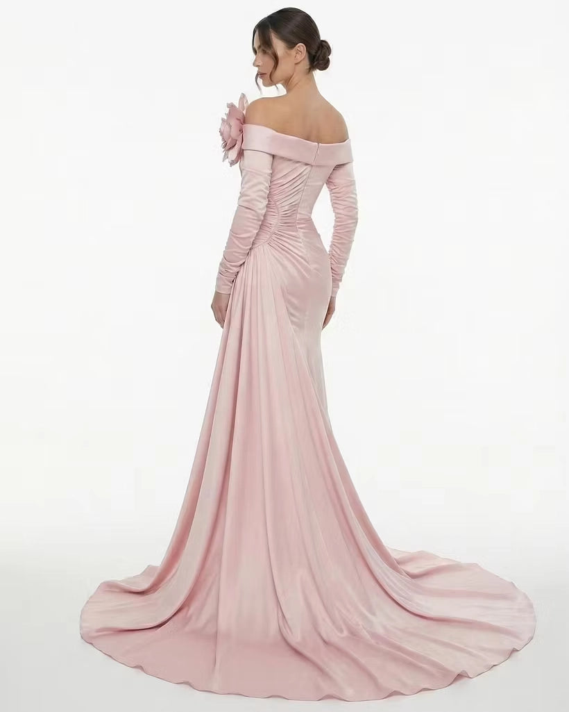 Dusty Rose Satin Mermaid Off The Shoulder Zipper Back Floor-Length Dress Back View - Jimiss