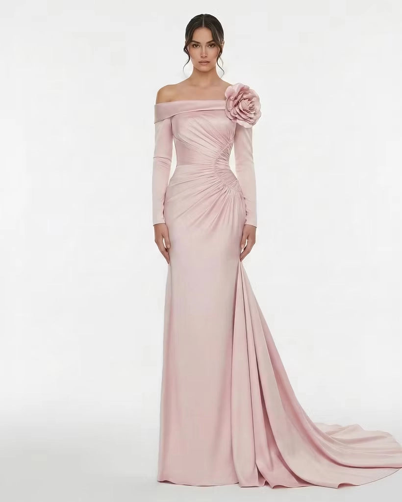 Dusty Rose Satin Mermaid Off The Shoulder Zipper Back Floor-Length Dress Front View - Jimiss